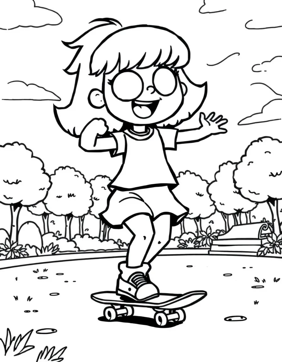 Velma skateboarding in the park, with fun background elements.