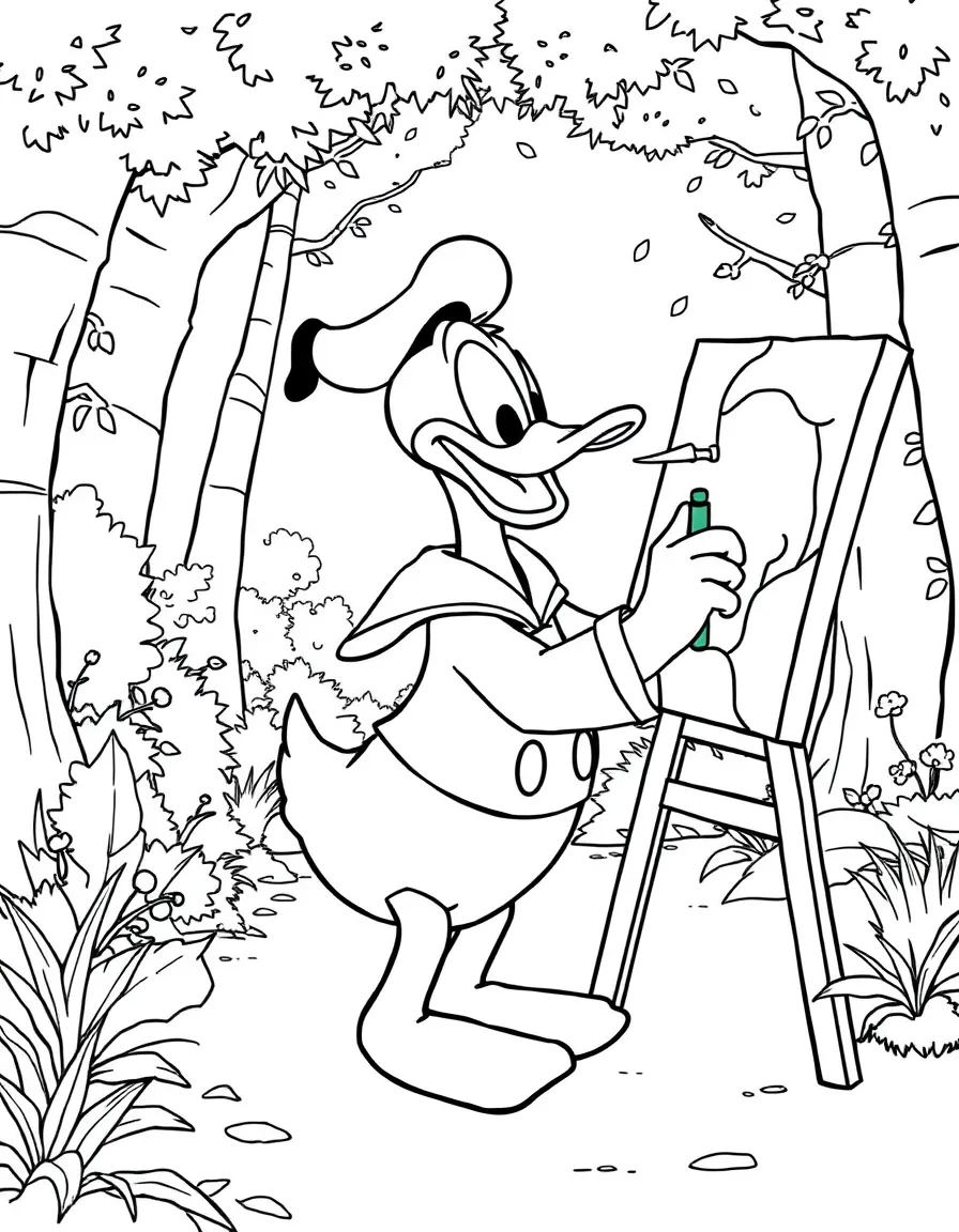 Donald Duck painting a picture, in a magical forest setting.