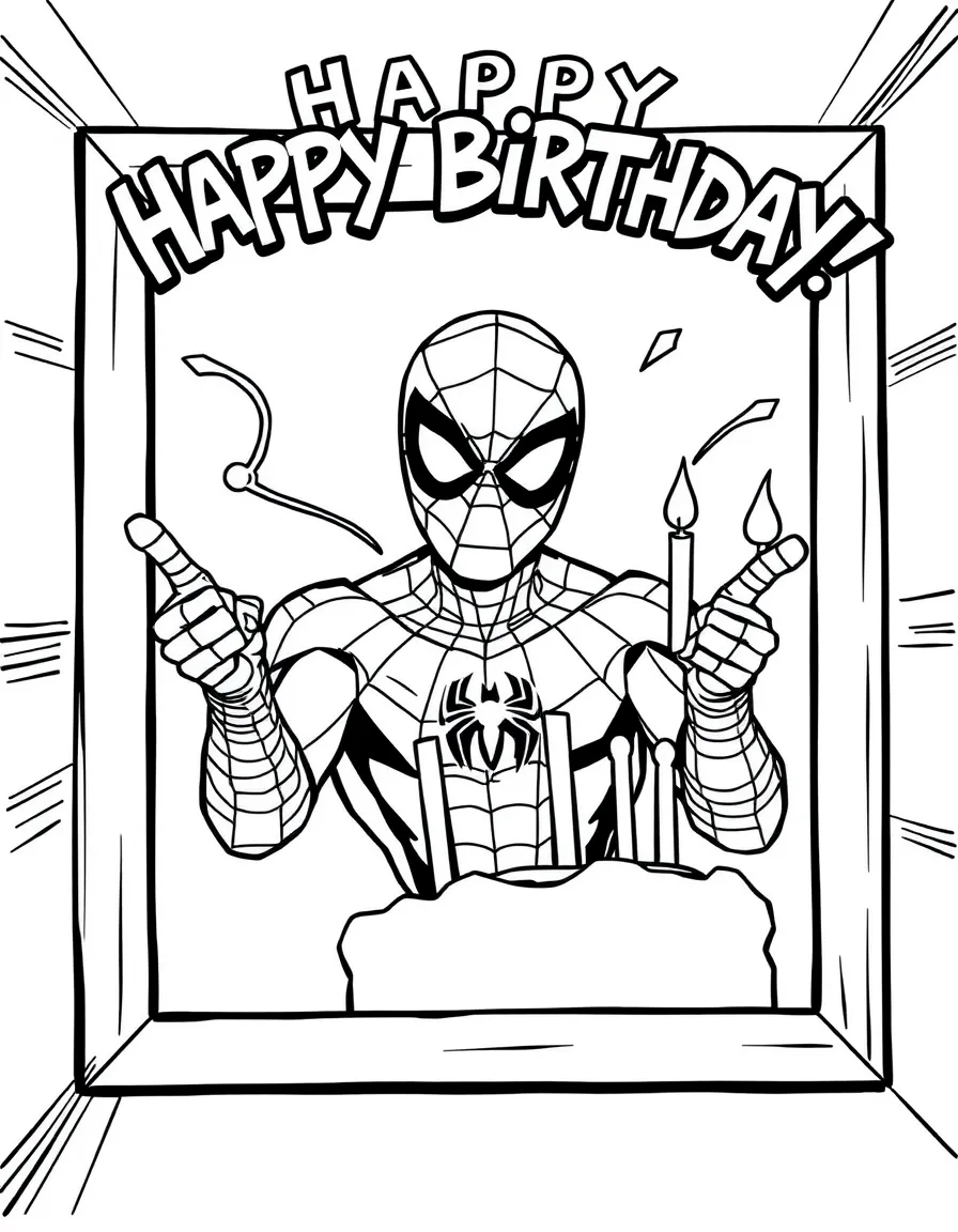 Spider-Man celebrating a birthday, inside a comic book frame.