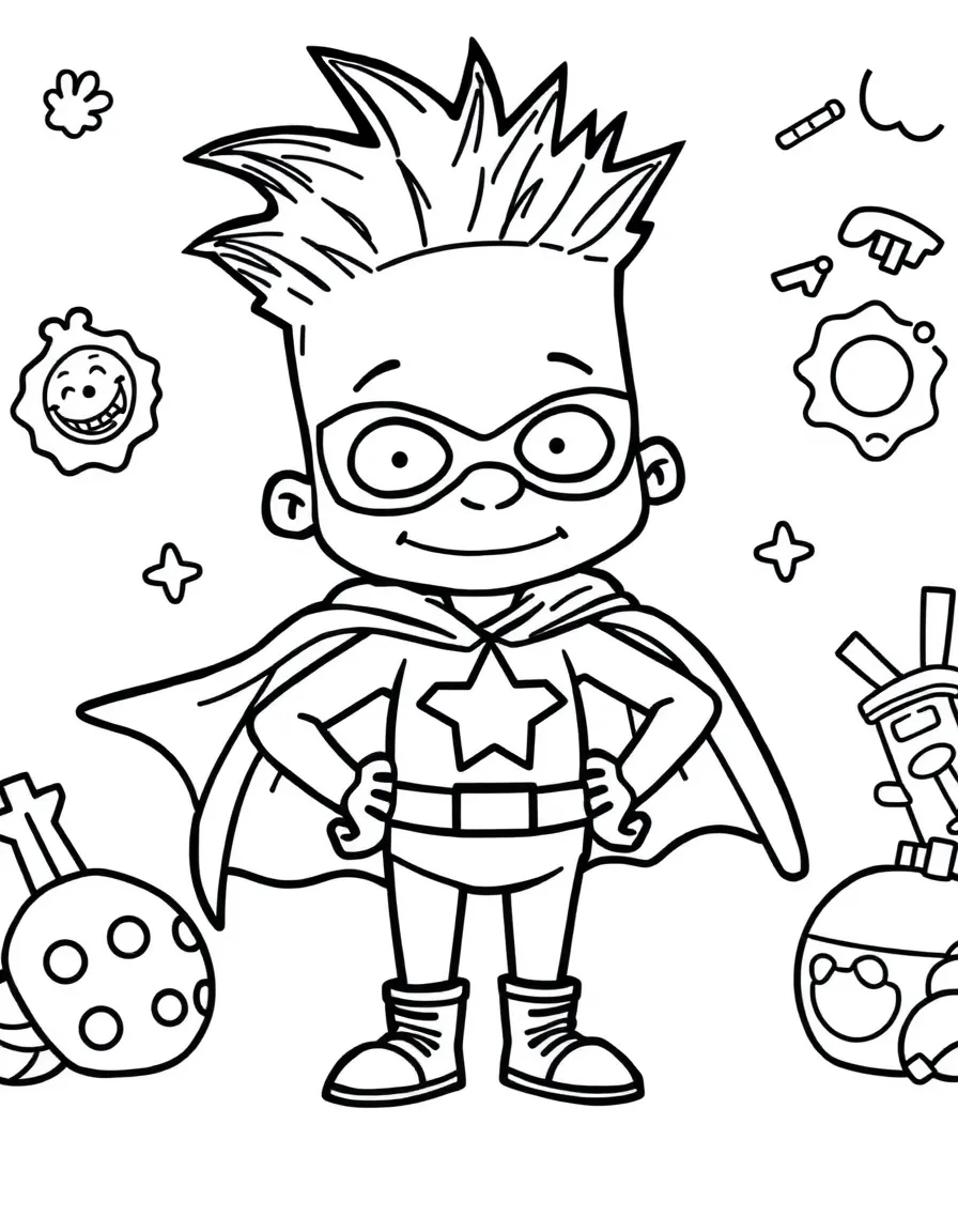 Hey Arnold! wearing a superhero costume, with fun background elements.