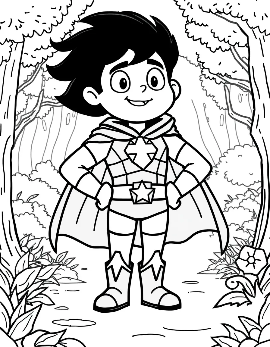 Steven Universe wearing a superhero costume, in a magical forest setting.
