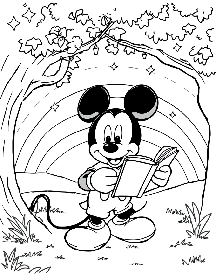 Mickey Mouse reading a book under a tree, with stars and rainbows in the background.