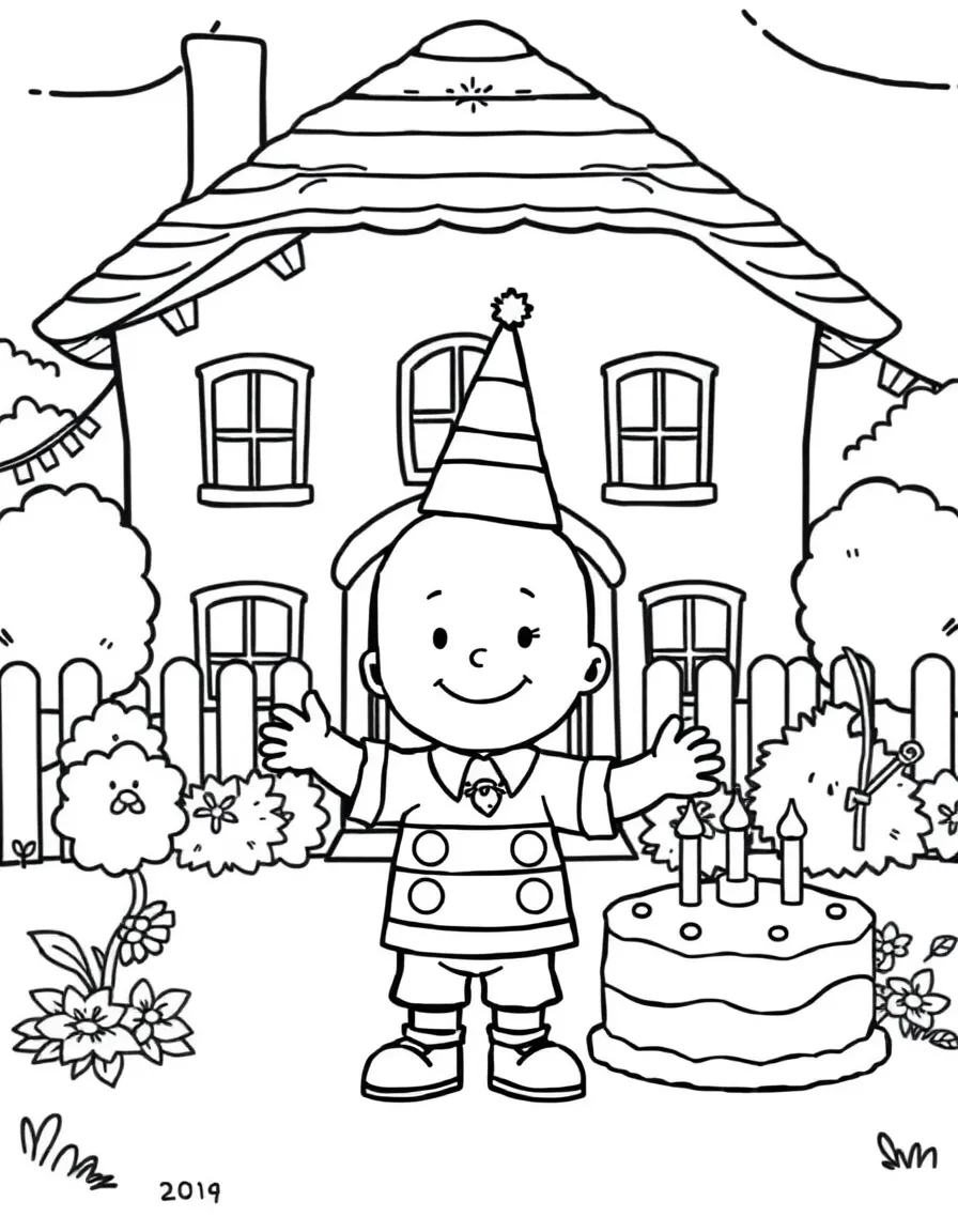 Caillou celebrating a birthday, in front of their famous house or scene.