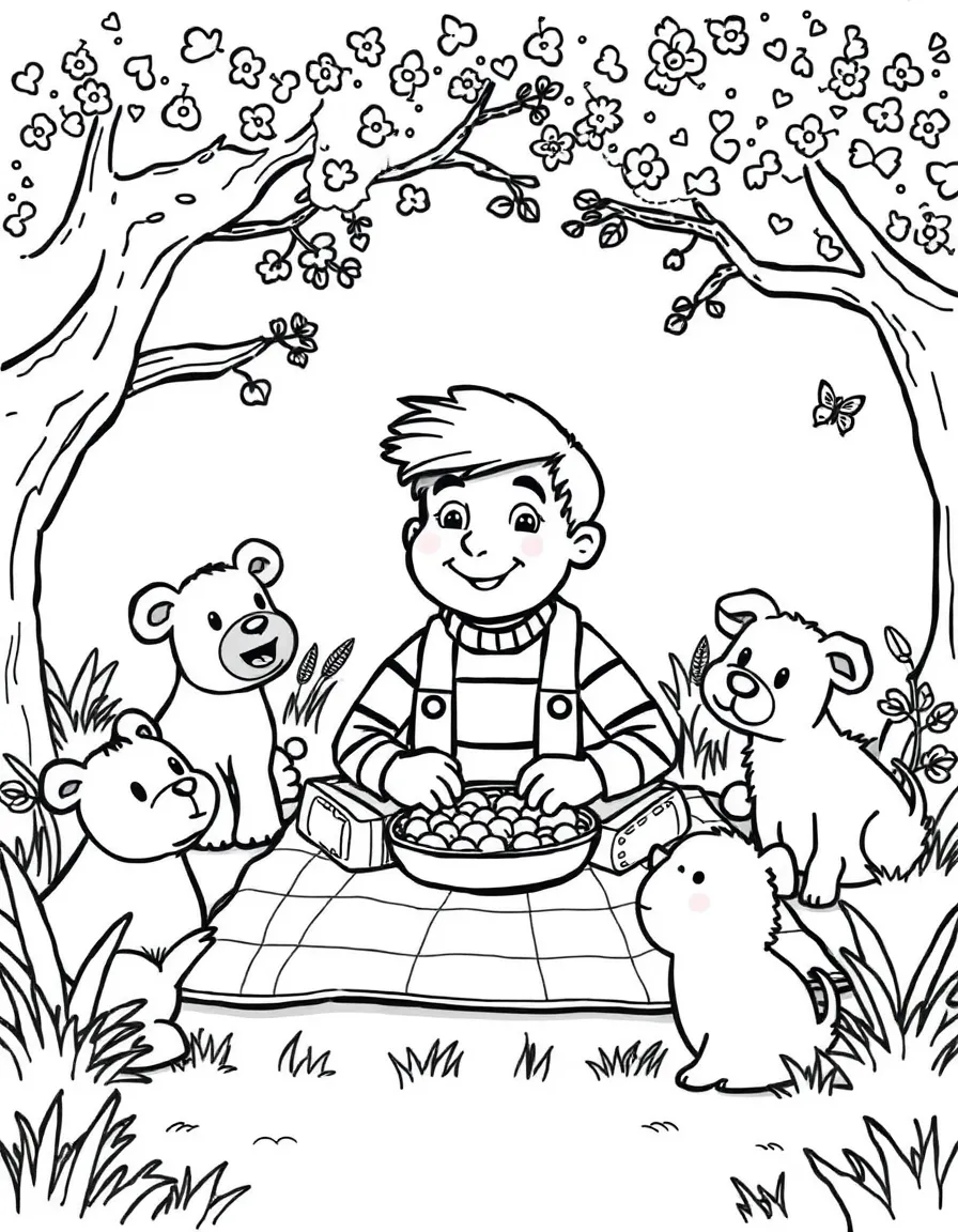 Fred having a picnic, surrounded by friendly animals.