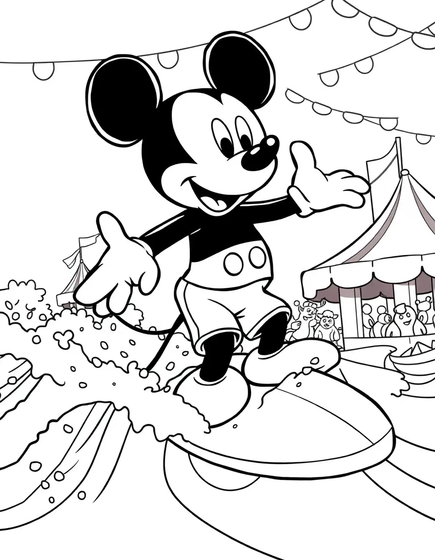 Mickey Mouse surfing on waves, at a carnival with colorful decorations.