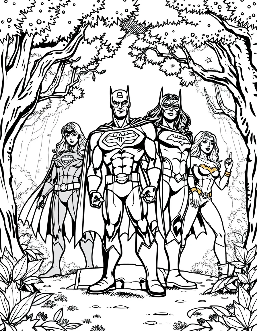 Justice League posing heroically, in a magical forest setting.