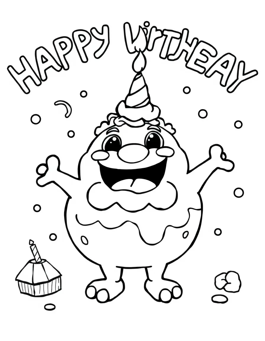Chowder celebrating a birthday, with big bold outlines for easy coloring.