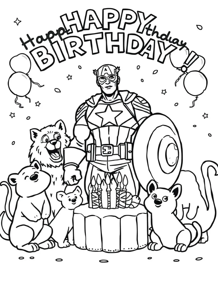 Captain America celebrating a birthday, surrounded by friendly animals.