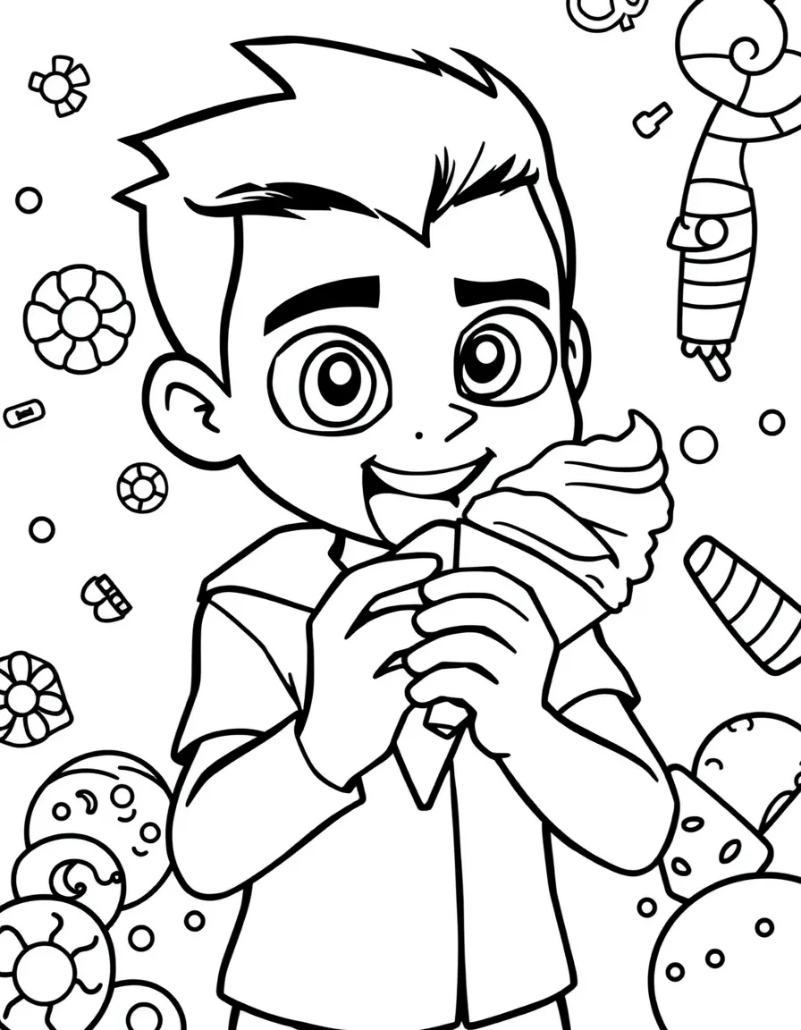 Ben 10 enjoying an ice cream cone, with fun background elements.
