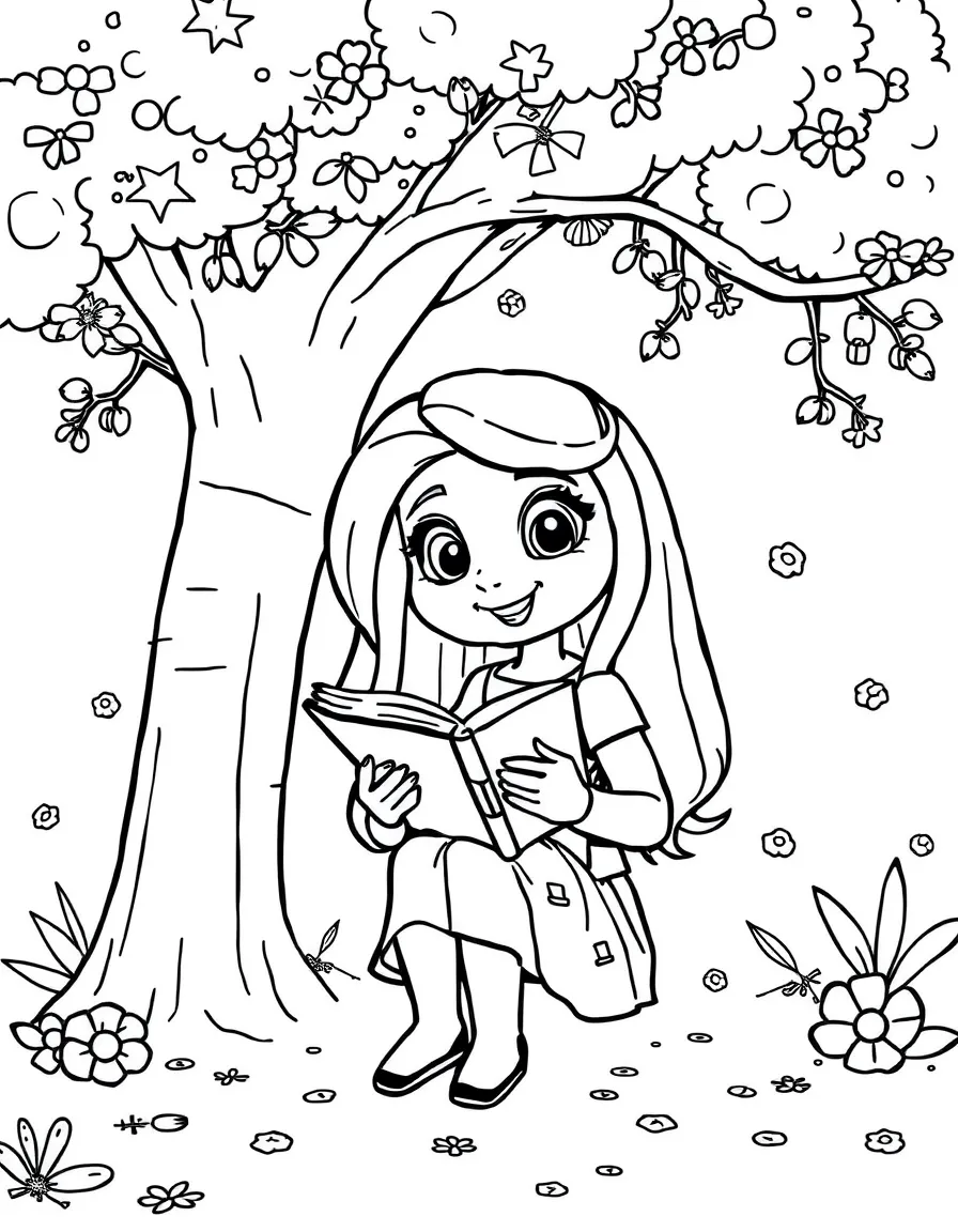 Kim Possible reading a book under a tree, with playful patterns around.