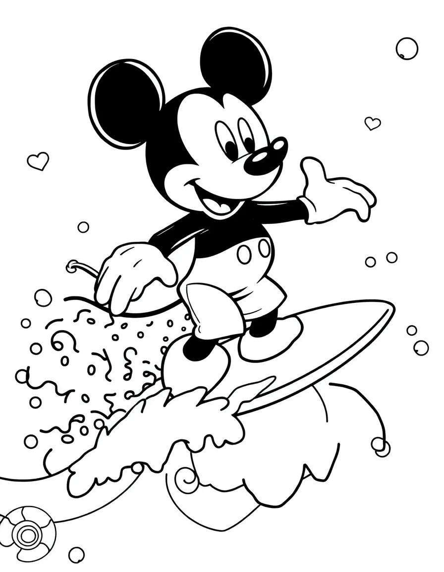 Mickey Mouse surfing on waves, with playful patterns around.