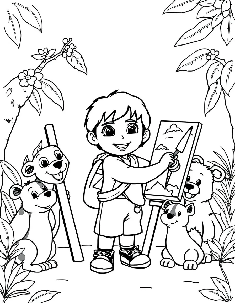 Diego painting a picture, surrounded by friendly animals.