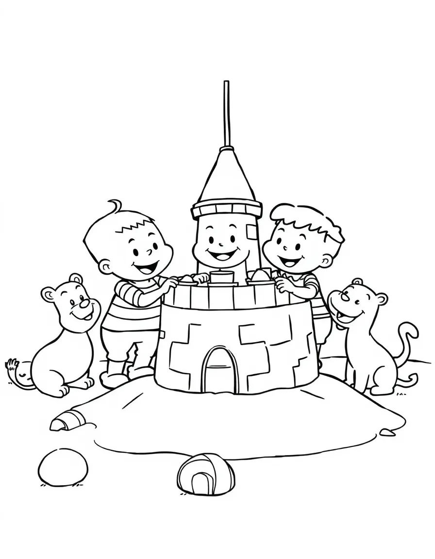 Ed, Edd n Eddy building a sandcastle, surrounded by friendly animals.