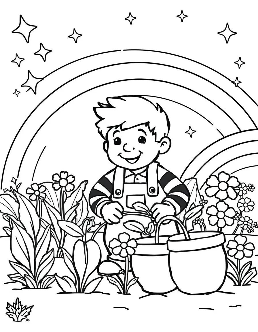 Fred gardening, with stars and rainbows in the background.