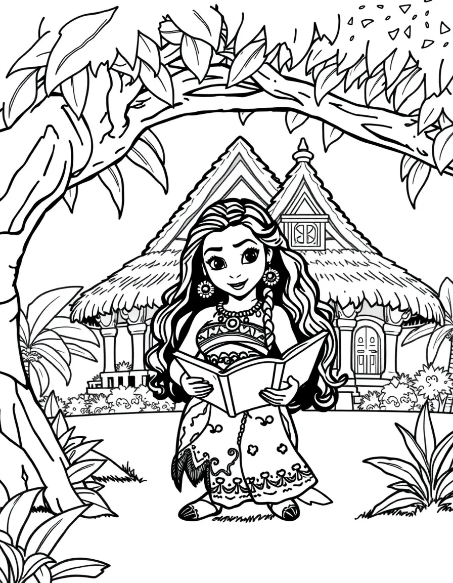 Moana reading a book under a tree, in front of their famous house or scene.