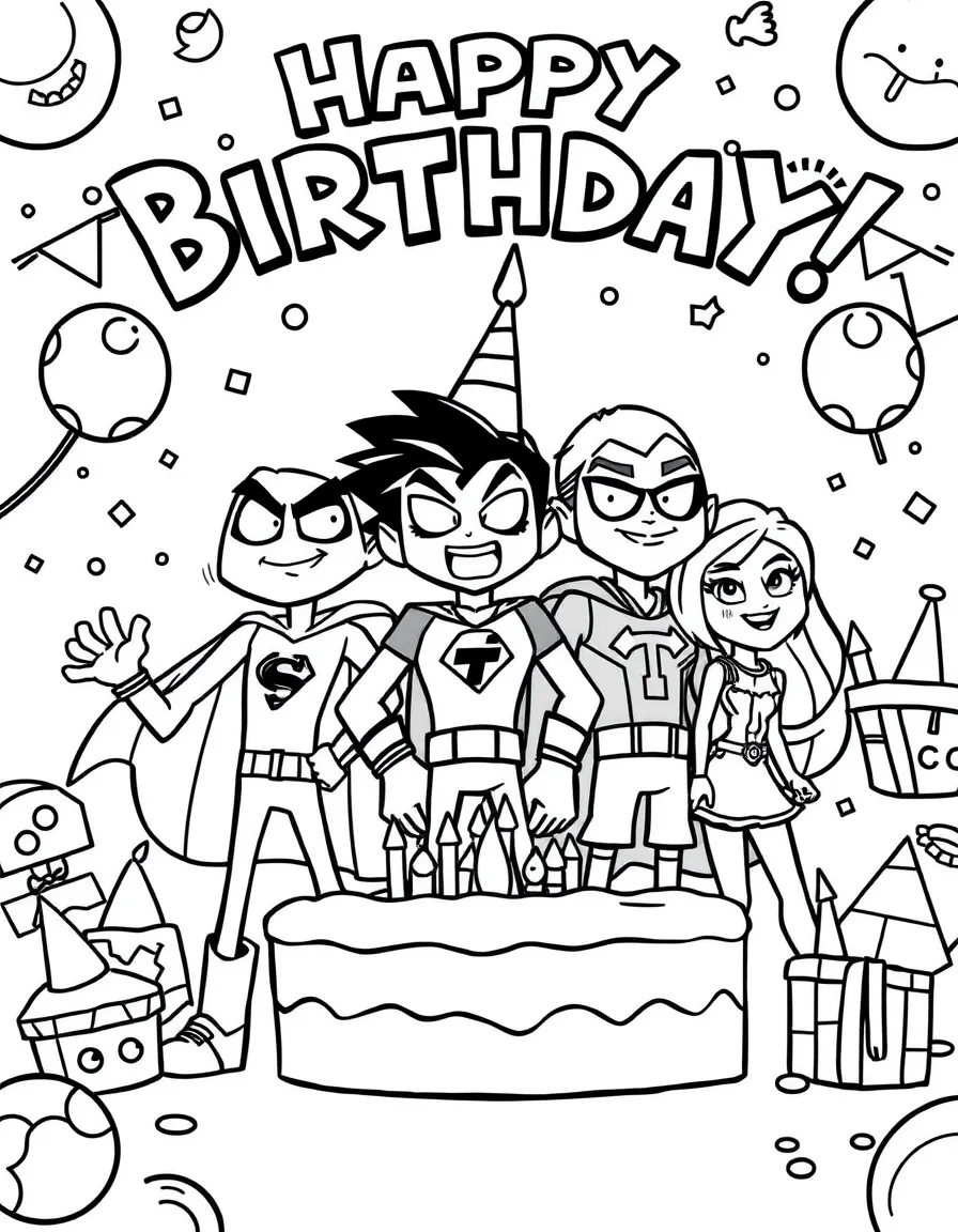 Teen Titans celebrating a birthday, with fun background elements.
