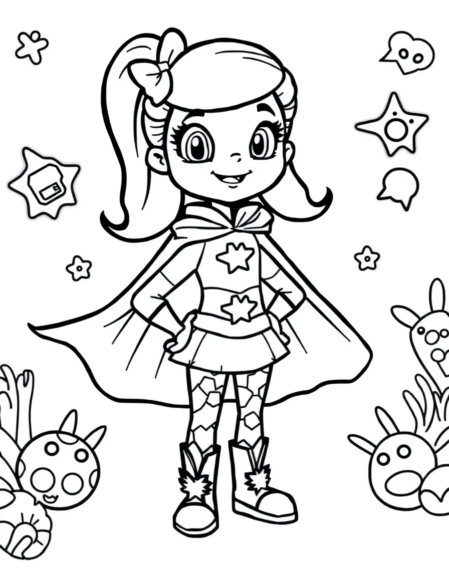Daphne wearing a superhero costume, with fun background elements.