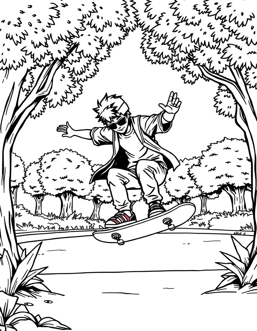 Zoro skateboarding in the park, inside a comic book frame.