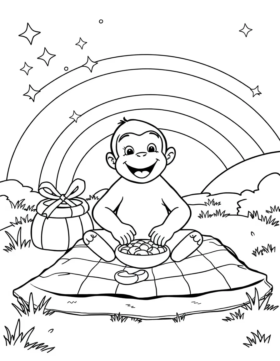 Curious George having a picnic, with stars and rainbows in the background.