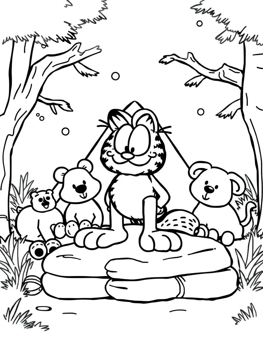 Garfield camping with friends, surrounded by friendly animals.