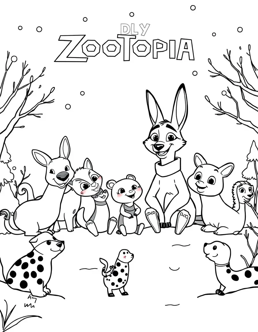 Zootopia playing in the snow, surrounded by friendly animals.