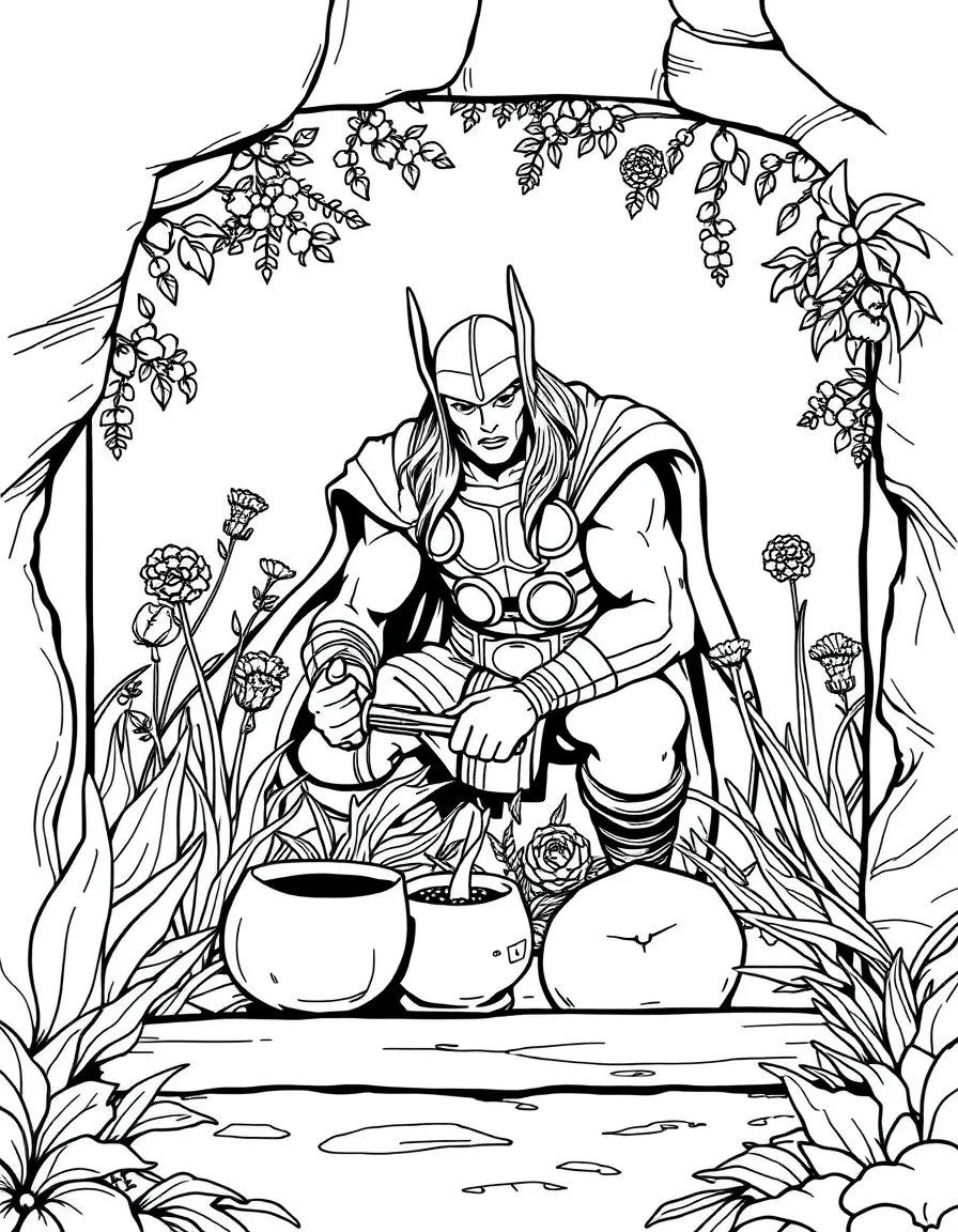 Thor gardening, inside a comic book frame.