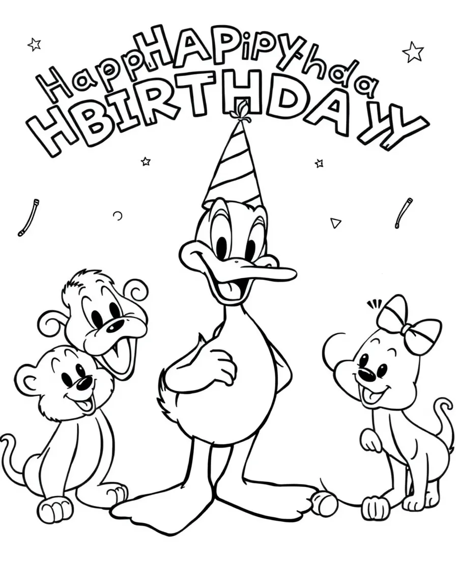 Daffy Duck celebrating a birthday, surrounded by friendly animals.