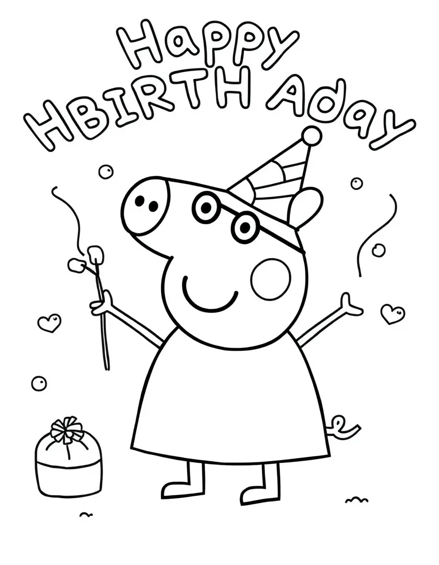 Peppa Pig celebrating a birthday, with big bold outlines for easy coloring.