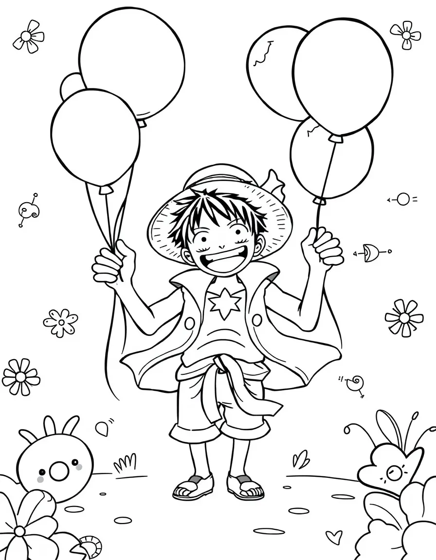 One Piece playing with balloons, with playful patterns around.