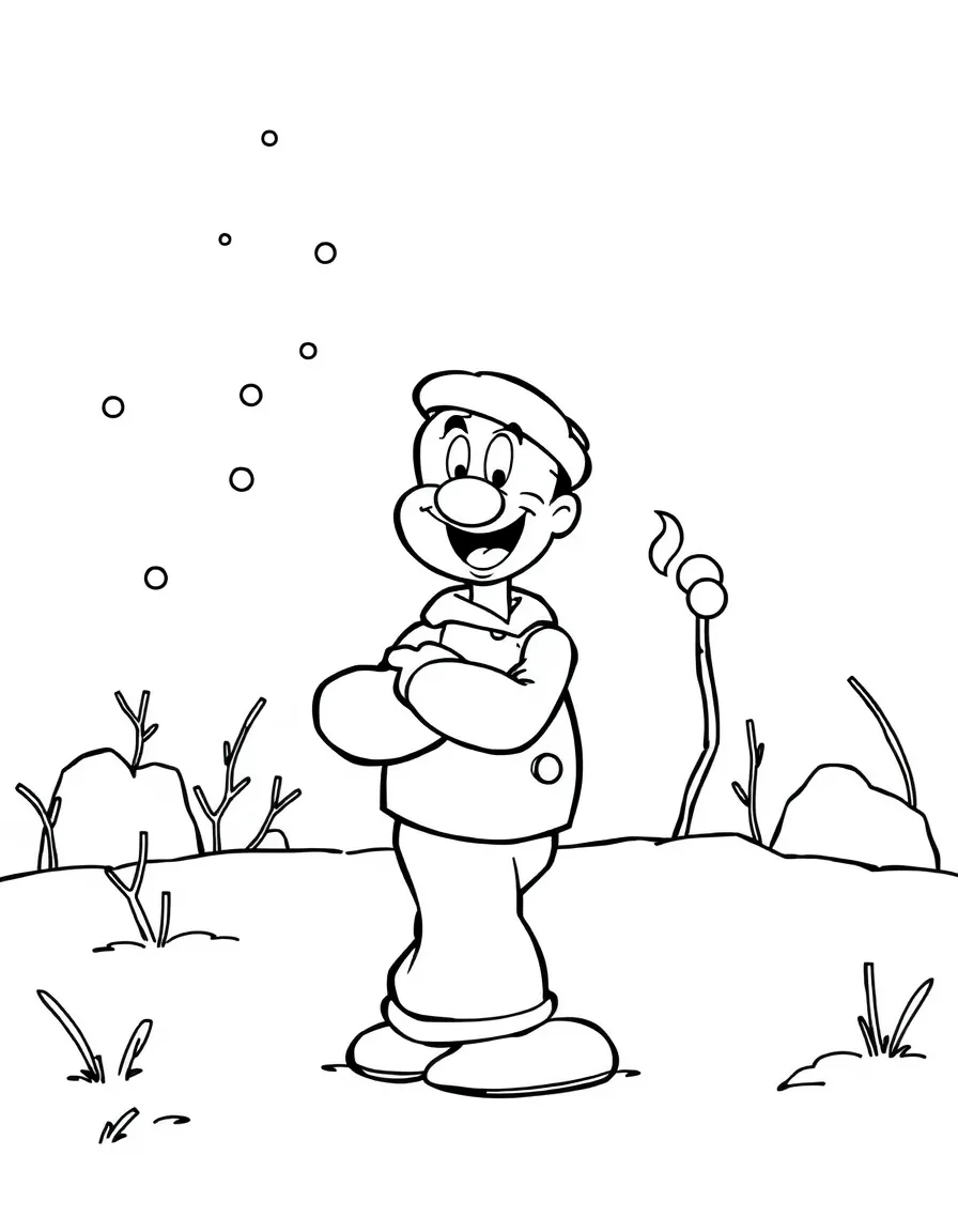 Popeye playing in the snow, with big bold outlines for easy coloring.