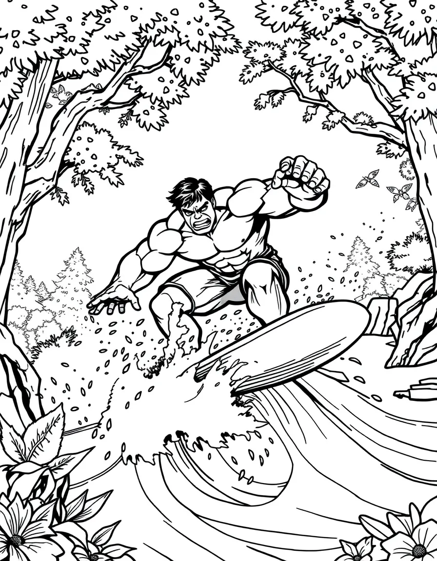 Hulk surfing on waves, in a magical forest setting.
