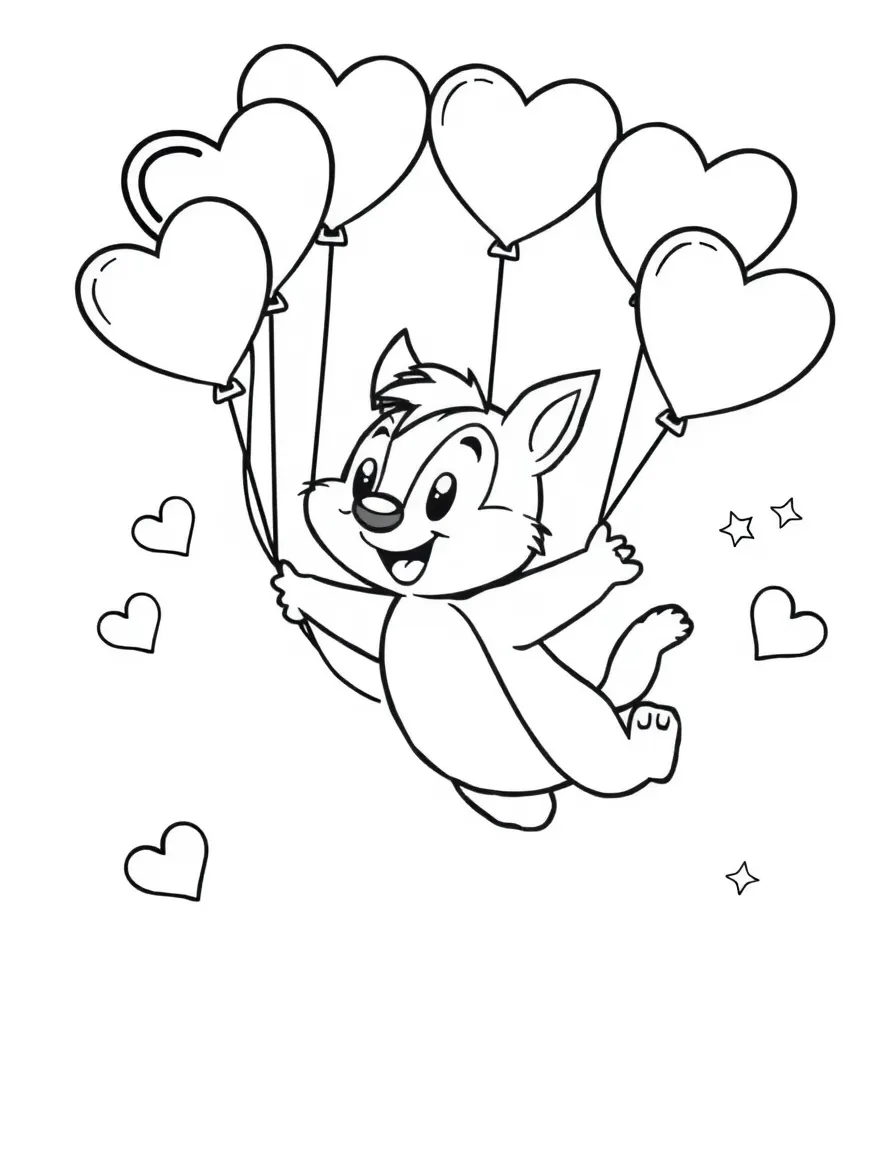 Sylvester flying with balloons, with hearts and sparkles around.