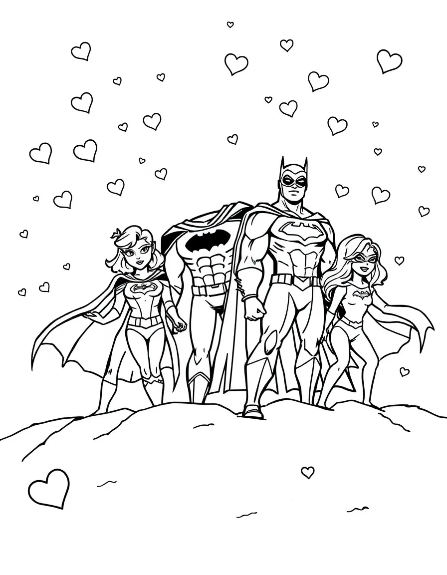 Justice League playing in the snow, with hearts and sparkles around.