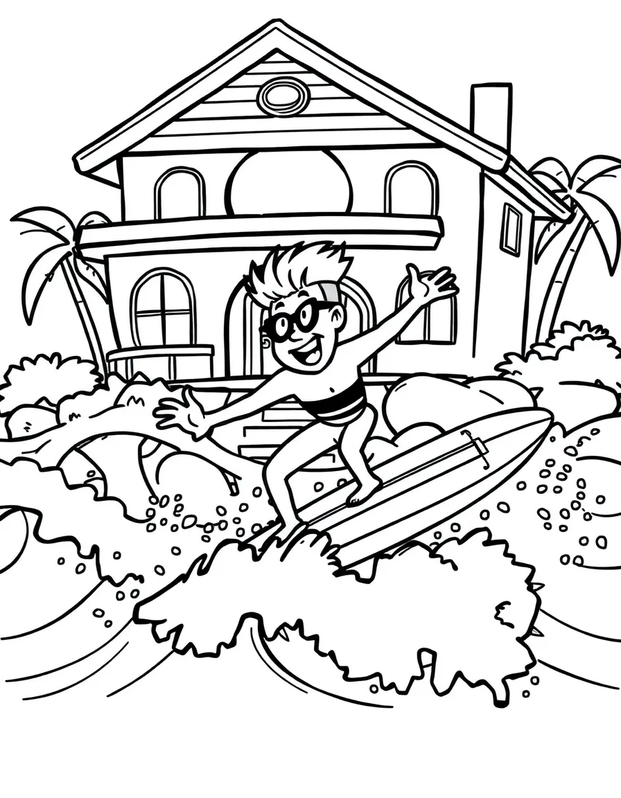 Johnny Bravo surfing on waves, in front of their famous house or scene.