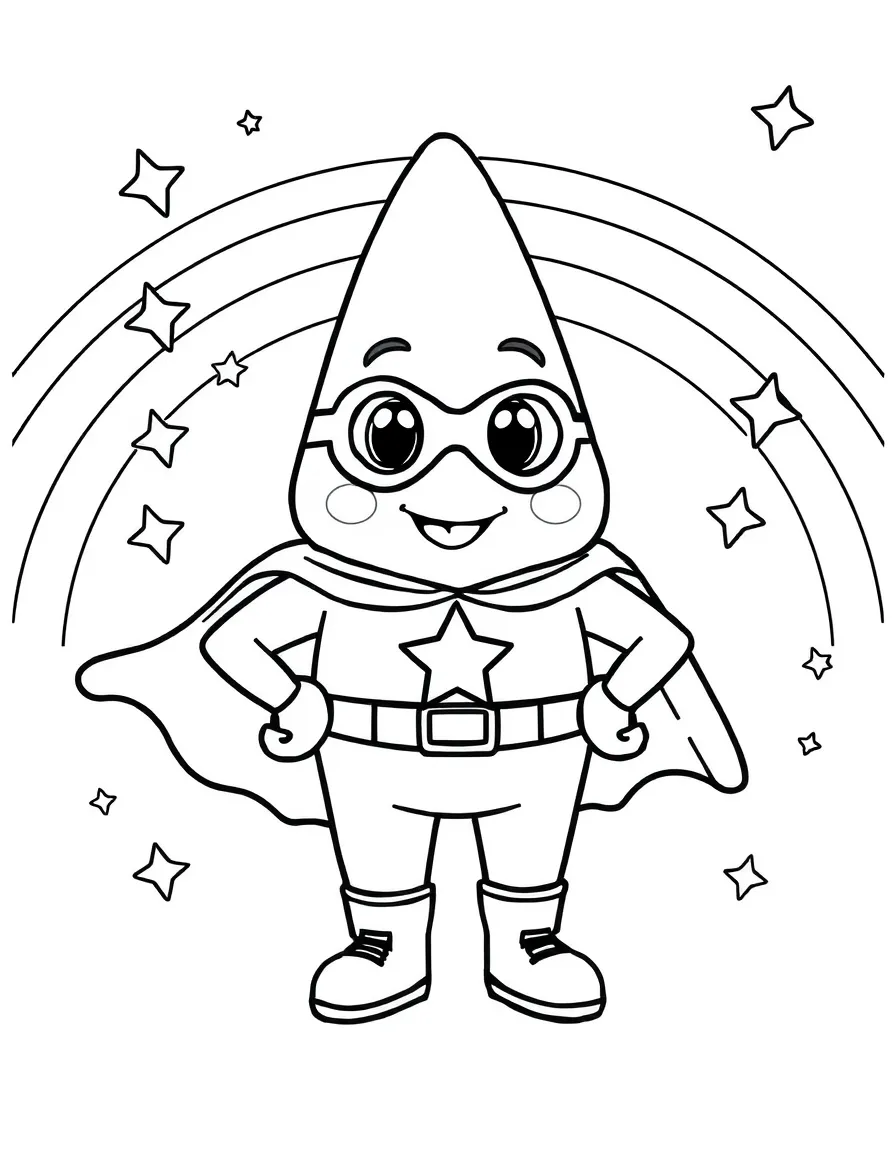 Patrick Star wearing a superhero costume, with stars and rainbows in the background.
