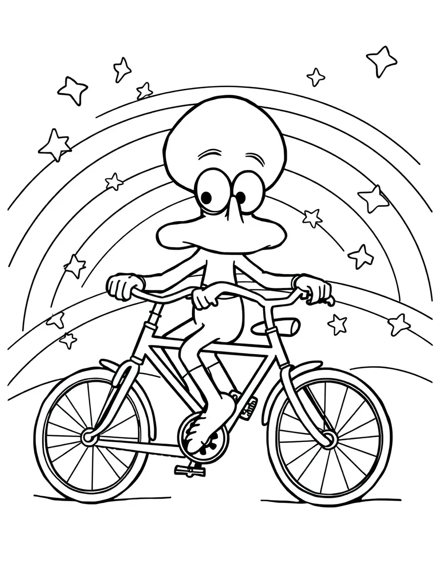 Squidward Tentacles riding a bicycle, with stars and rainbows in the background.