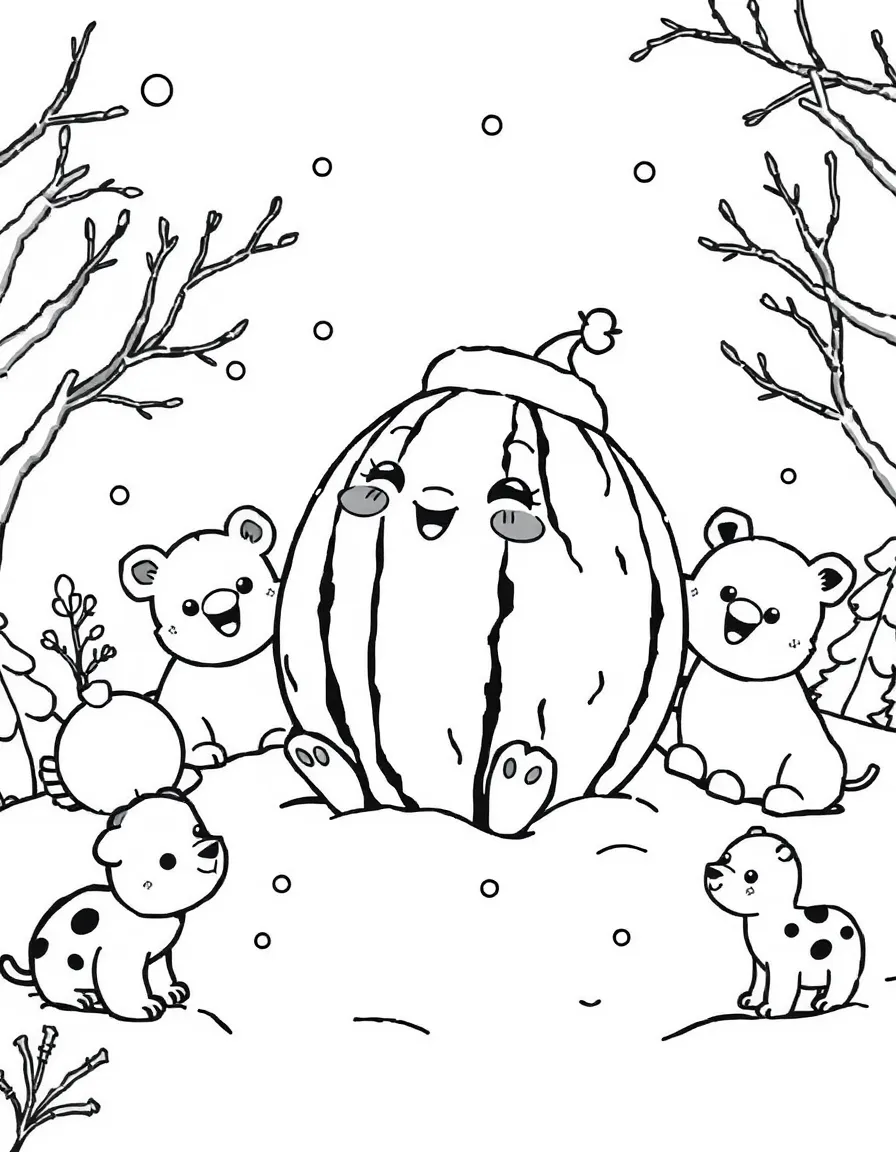Cocomelon playing in the snow, surrounded by friendly animals.