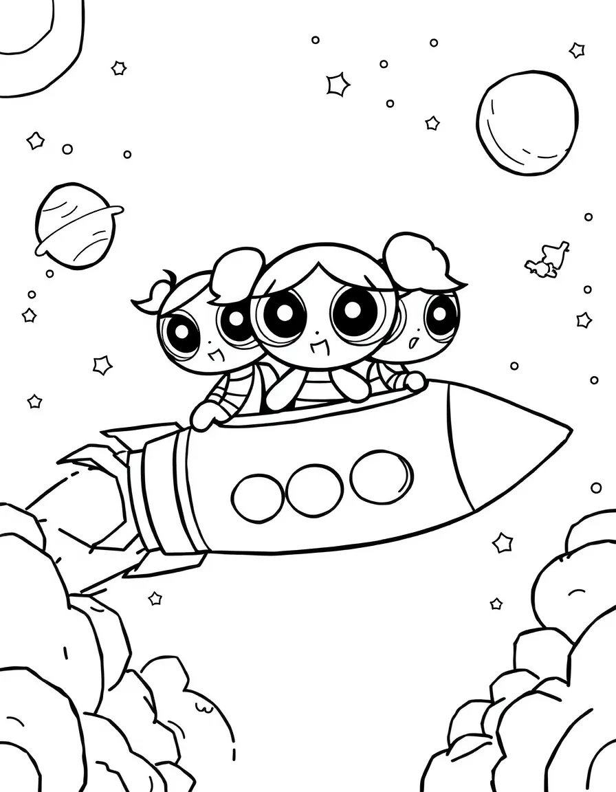 Powerpuff Girls exploring space in a rocket, with fun background elements.