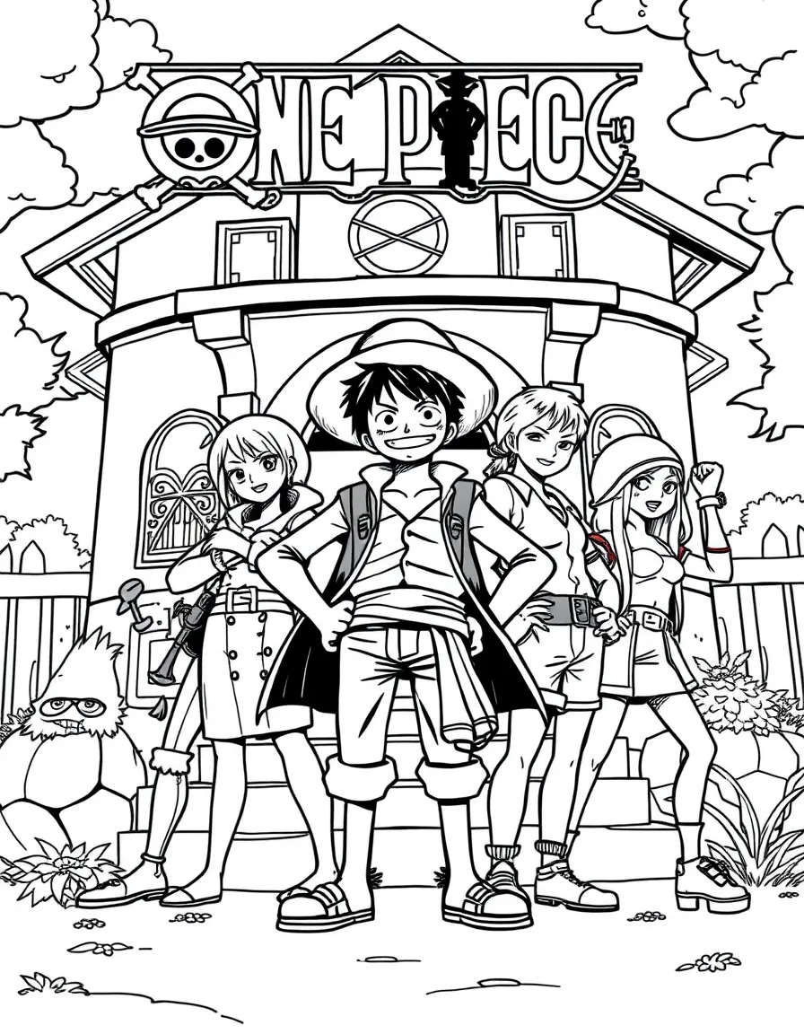 One Piece posing heroically, in front of their famous house or scene.