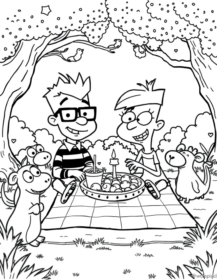 Phineas and Ferb having a picnic, surrounded by friendly animals.
