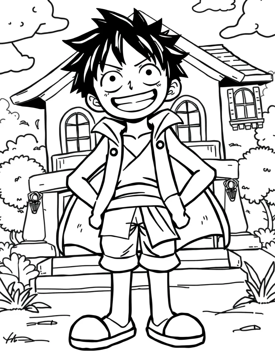Luffy wearing a superhero costume, in front of their famous house or scene.