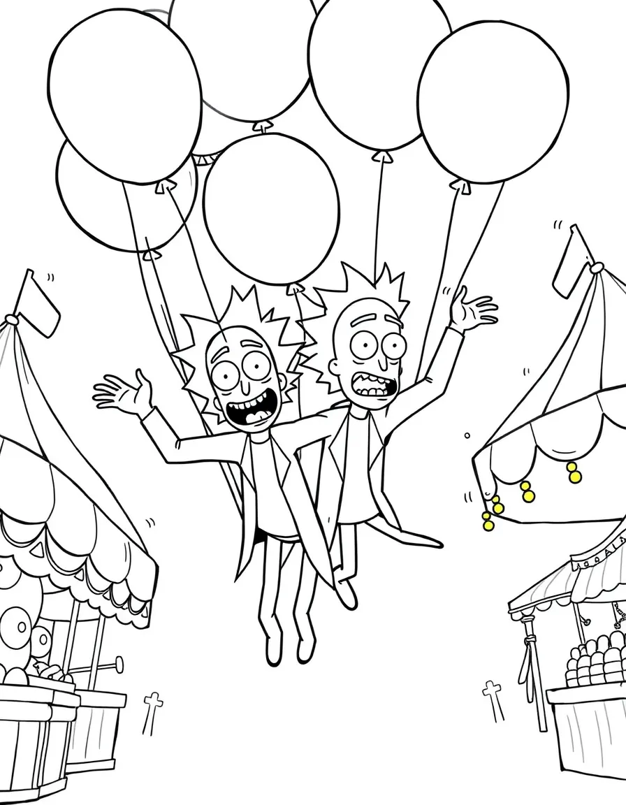 Rick and Morty flying with balloons, at a carnival with colorful decorations.