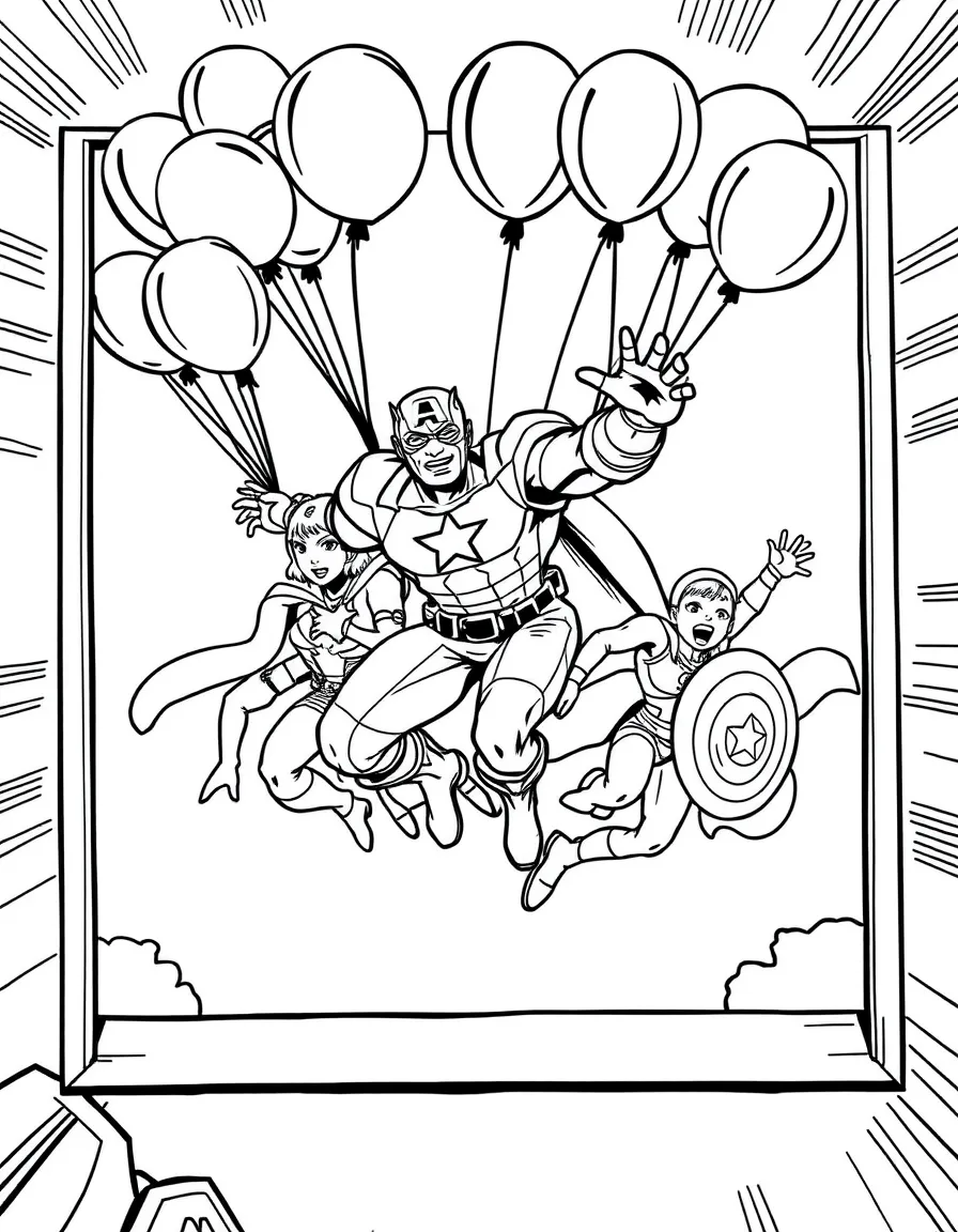 Avengers flying with balloons, inside a comic book frame.
