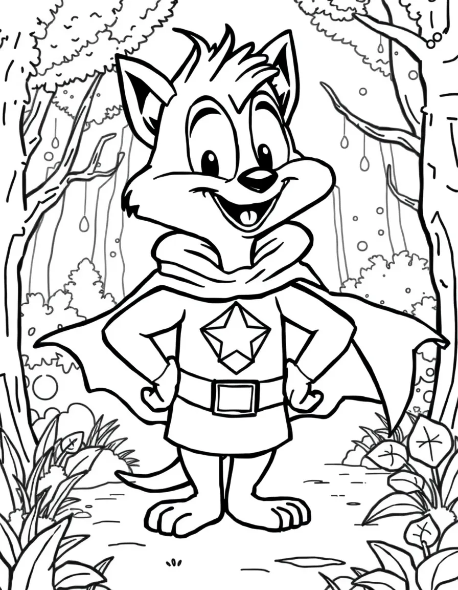 Sylvester wearing a superhero costume, in a magical forest setting.