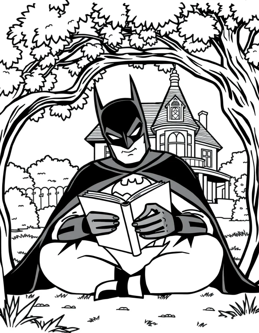 Batman: The Animated Series reading a book under a tree, in front of their famous house or scene.