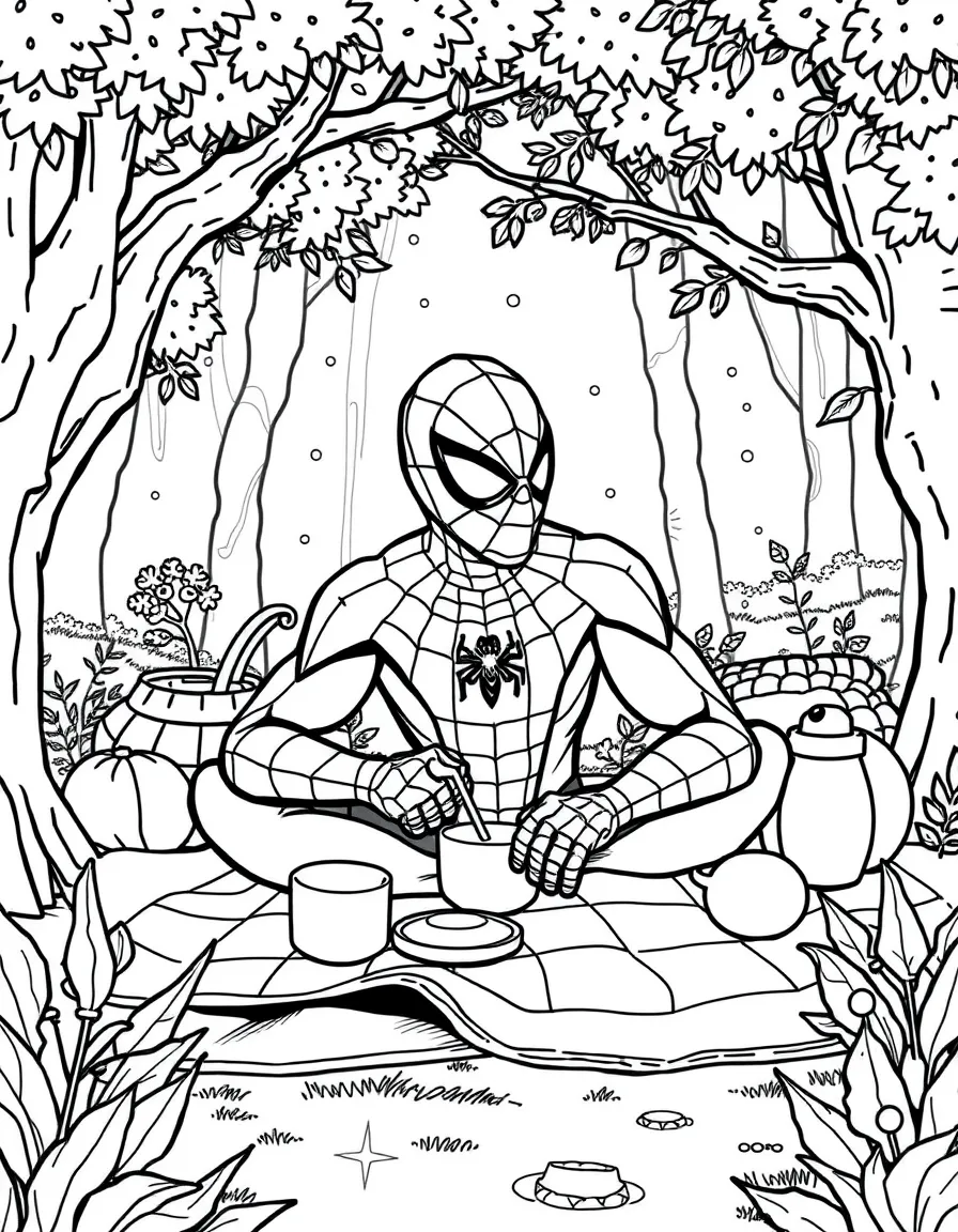 Spider-Man having a picnic, in a magical forest setting.