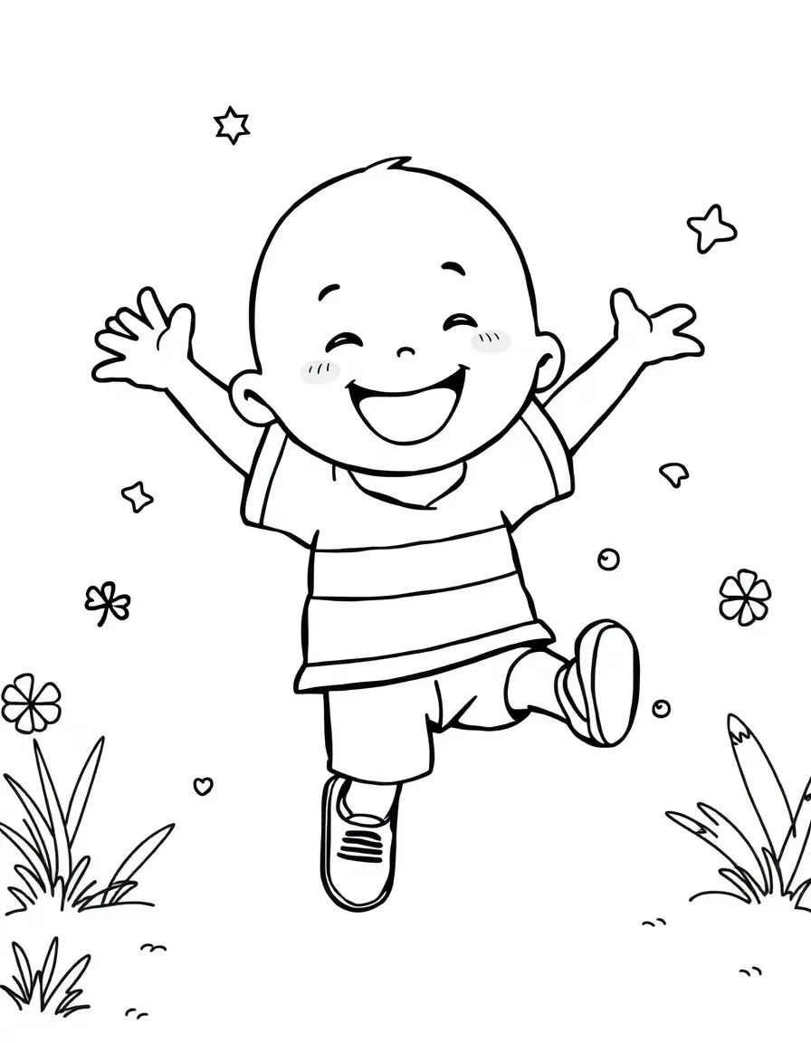 Caillou jumping with joy, with fun background elements.