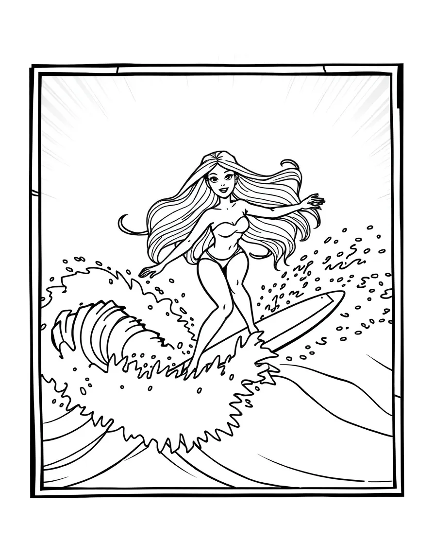 Barbie surfing on waves, inside a comic book frame.