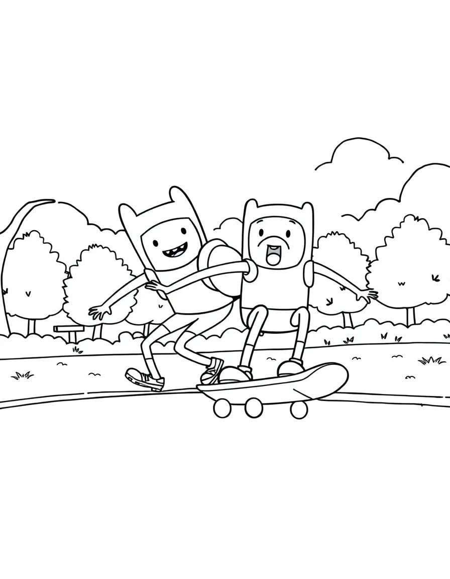 Finn and Jake skateboarding in the park, with big bold outlines for easy coloring.