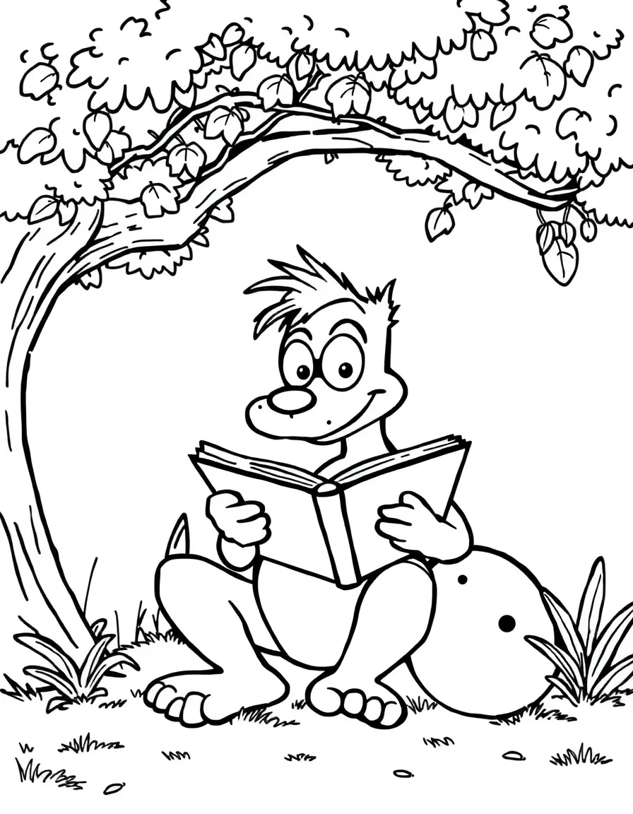 Dexter's Laboratory reading a book under a tree, with big bold outlines for easy coloring.